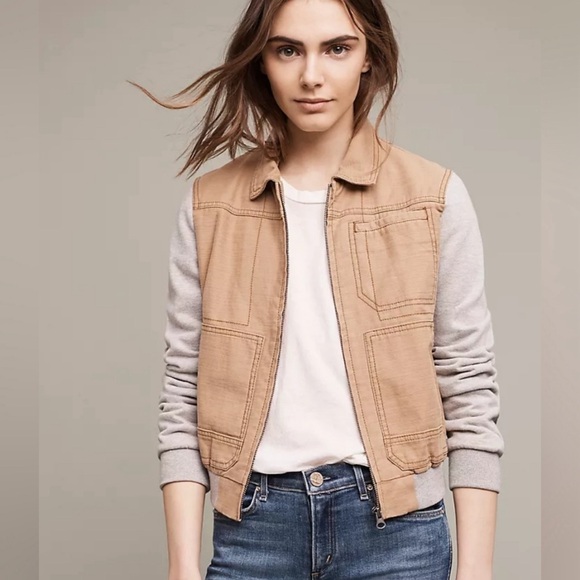 Anthropologie Cropped Tan and Grey Lightweight Bomber Jacket - Picture 2 of 5